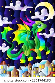An illustration in the style of a stained glass window with a bright cute dragon on the background of the sky and the city