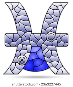 Illustration in the style of a stained glass window with the zodiac sign of pisces, the symbol is isolated on a white background, tone blue