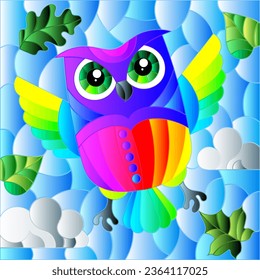 An illustration in the style of a stained glass window with bright cartoon owl on a background of blue sky and leaves