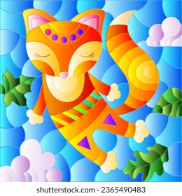 An illustration in the style of a stained glass window with bright cartoon fox on a background of blue sky and leaves 