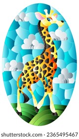 An illustration in the style of a stained glass window with a cute cartoon giraffe on the background of a meadow and a blue cloudy sky, oval image