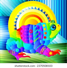 An illustration in the style of a stained glass window with an abstract bright toad and the sun on a geometric background
