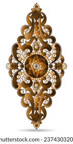 Illustration in the style of a stained glass window with an abstract floral element, the composition is isolated on a white background, tone brown