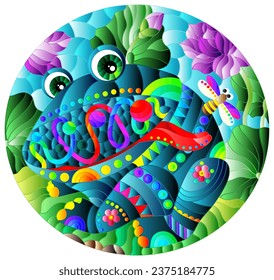 An illustration in the style of a stained glass window with a bright cartoon frog on a stone against a background of lotus, grass and blue sky, oval image
