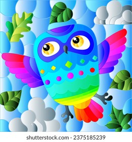 An illustration in the style of a stained glass window with bright cartoon owl on a background of blue sky and leaves, in a bright frame