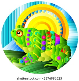 An illustration in the style of a stained glass window with an abstract bright toad and the sun on a geometric background, oval image