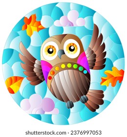 An illustration in the style of a stained glass window with bright cartoon owl on a background of blue sky and leaves, round image 