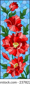 An illustration in the style of a stained glass window with a composition of red poppies on a blue background