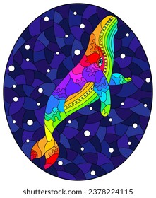 An illustration in the style of a stained glass window with an abstract cat on a background of water and air bubbles