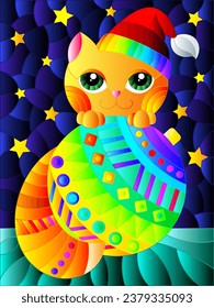 An illustration in the style of a stained glass window with a cute Christmas cat on a Christmas ball, against the background of the starry sky