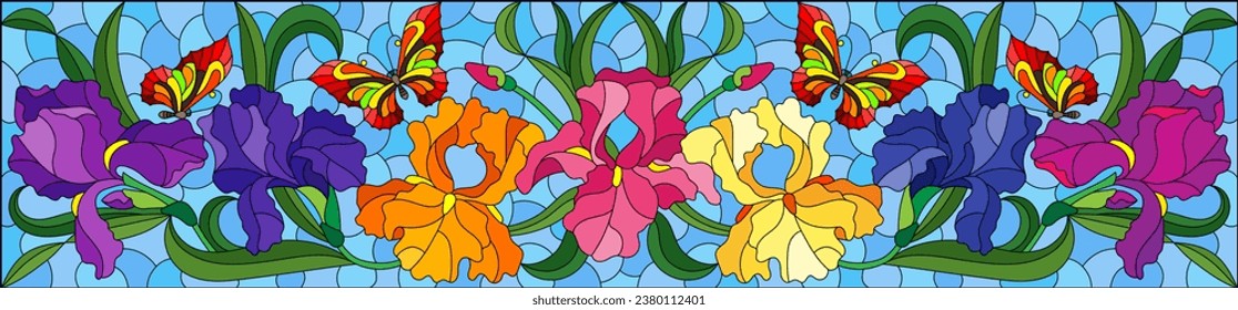 An illustration in the style of a stained glass window with a composition of iris flowers and butterflies on a blue background