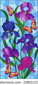 An illustration in the style of a stained glass window with a composition of iris flowers and butterflies on a blue background