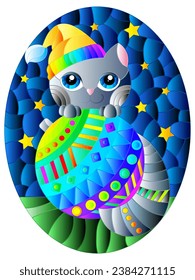 An illustration in the style of a stained glass window with a cute Christmas cat on a Christmas ball, against the background of the starry sky, oval image