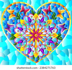 An illustration in the style of a stained glass window with an abstract heart with bright flowers and butterflies on a blue background