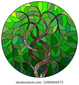 An illustration in the style of a stained glass window with an abstract tree on the green background, round image