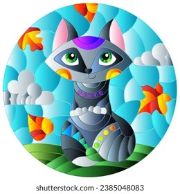 An illustration in the style of a stained glass window with bright cartoon fox on a background of blue sky and leaves in a bright frame, round image