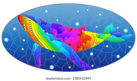 An illustration in the style of a stained glass window with an abstract cat on a background of water and air bubbles