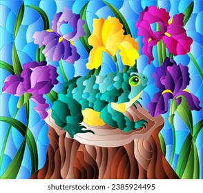 An illustration in the style of a stained glass window with a toad on a stump surrounded by colorful irises and blue sky