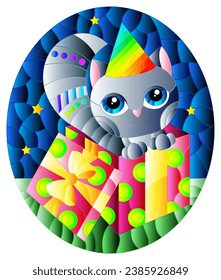 An illustration in the style of a stained glass window with a cute Christmas cat in a box, against the background of the starry sky