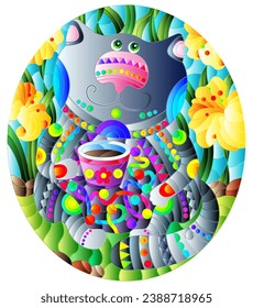 An illustration in the style of a stained glass window with a bright cartoon cat on a background of grass, yellow lilies and blue sky, oval image 