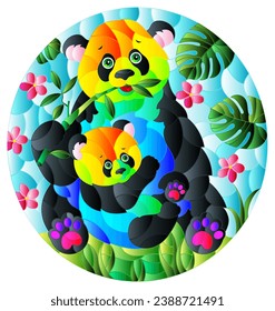 An illustration in the style of a stained glass window with a rainbow panda with a bear cub on a background of leaves, flowers and a blue sky, oval image