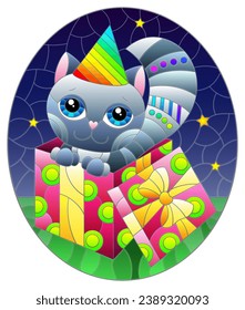 An illustration in the style of a stained glass window with a cute Christmas cat in a box, against the background of the starry sky