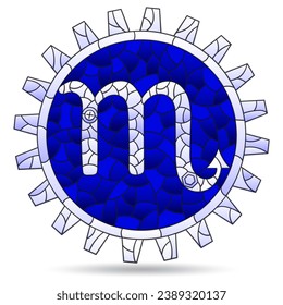 Illustration in the style of a stained glass window with a  zodiac signs scorpio, figure isolated on a white background, tone blue