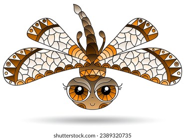 Illustration in the style of a stained glass window with dragonfly, insect isolated on a white background, tone brown