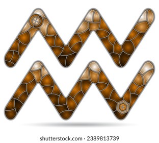 Illustration in the style of a stained glass window with a zodiac signs Aquarius, figure isolated on a white background, tone brown