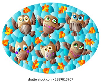 An illustration in the style of a stained glass window with bright cartoon owl on a background of blue sky and leaves, oval image 