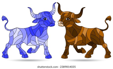 An illustration in the style of a stained glass window with an abstract bulls, animals isolated on a white background, tone blue and brown