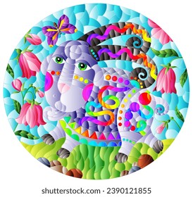 An illustration in the style of a stained glass window with a cute cartoon sheep on the background of a meadow, bell flowers and a blue sky, oval image