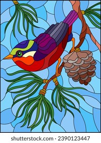 An illustration in the style of a stained glass window with a bright bird on a fir branch, against a blue sky background