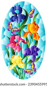 An illustration in the style of a stained glass window with a composition of iris flowers and butterflies on a blue background