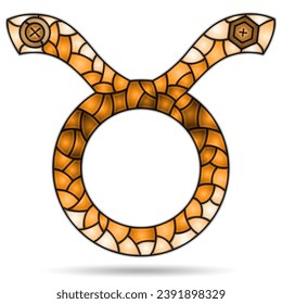 Illustration in the style of a stained glass window with the zodiac sign Taurus, the symbol is isolated on a white background, tone brown