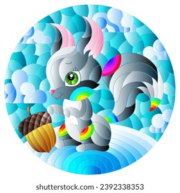 Illustration in the style of a stained glass window with a cute cartoon squirrel on the background of snow and a cloudy sky, round image