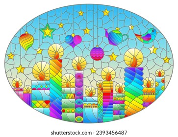 An illustration in the style of a stained glass window on the theme of New year and Christmas with bright curly candles and Christmas tree toys on a blue background, oval image