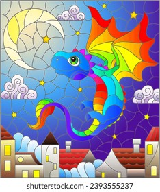 An illustration in the style of a stained glass window with a bright cute dragon on the background of the sky and the city