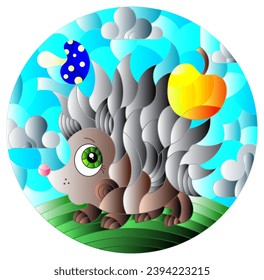 Illustration in the style of a stained glass window with a cute cartoon hedgehog on the background of a green meadow and a cloudy sky