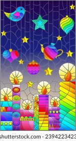 An illustration in the style of a stained glass window on the theme of New year and Christmas with bright curly candles and Christmas tree toys on a blue background
