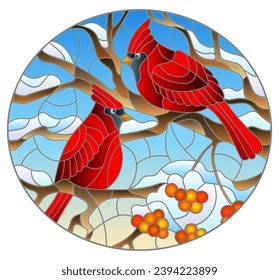 An illustration in the style of a stained glass window with bright cardinal birds on snow-covered tree branches, oval image