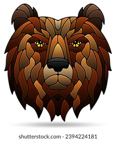 Illustration in the style of a stained glass window with a bear's face, portrait isolated on a white background
