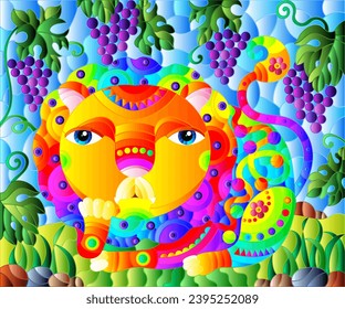 An illustration in the style of a stained glass window with a cute cartoon lion on the lawn against a background of grapes and blue sky