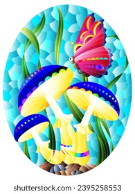 Illustration in the style of a stained glass window with bright mushrooms, grass and a butterfly on a blue background, oval  image