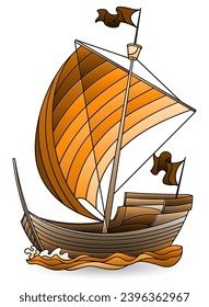 Illustration in the style of a stained glass window with a Viking ship, the ship is isolated on a white background, tone brown