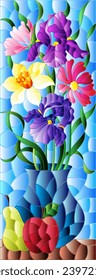 Illustration in the style of a stained glass window with a floral still life, flowers and fruits on a blue background