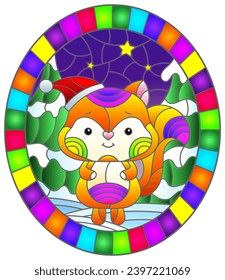 An illustration in the style of a stained glass window on the theme of New Year holidays , cute fox on the background of a winter night landscape