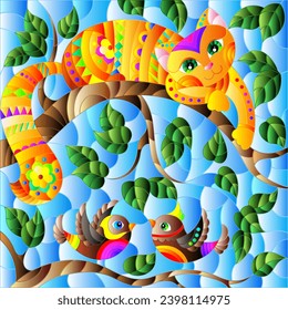 An illustration in the style of a stained glass window with a bright cat and birds on the branches of a tree against the sky