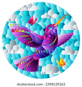 An illustration in the style of a stained glass window with a bright cartoon hummingbird bird on a background of blue sky and clouds, oval image