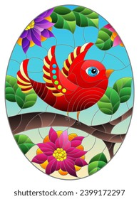 An illustration in the style of a stained glass window with a bright bird on the branches of a tree with flowers against the sky, oval image